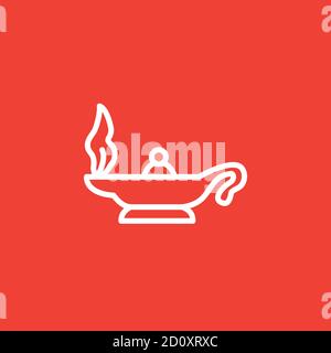 Magic Oil Lamp Line Icon On Red Background. Red Flat Style Vector Illustration. Stock Vector