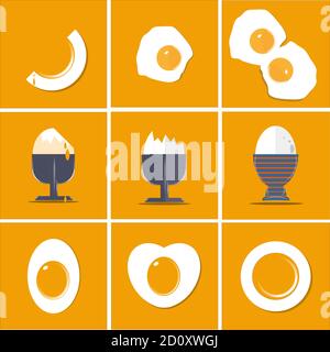 Egg collection flat vector illustration set isolated on yellow background with copy space Stock Vector