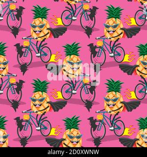seamless cartoon pattern pineapple on bike rides on Halloween bats on pink background. Vector image Stock Vector