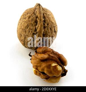 whole and peeled walnut kernels on a white background Stock Photo