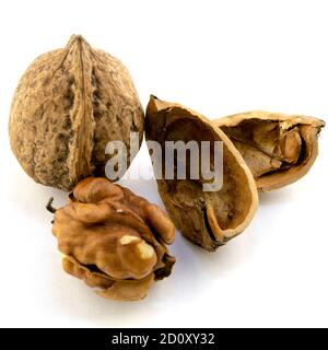 whole and peeled walnut kernels on a white background Stock Photo