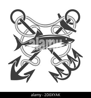 Big Shark and crossed Anchors with marine ropes nautical Tattoo. Vector illustration. Stock Vector