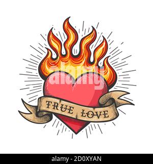 Flaming Heart Tattoo with ribbon with lettering True Love. Old school style Tattoo. Vector illustration. Stock Vector