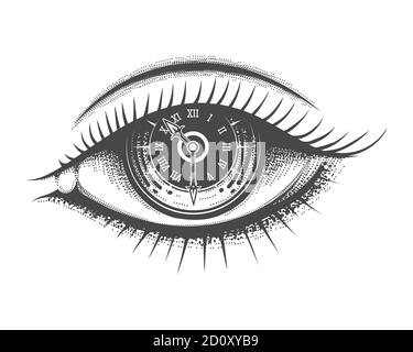 Hand Drawn Human Eye with Clock face inside Pupil. Vector illustration. Stock Vector