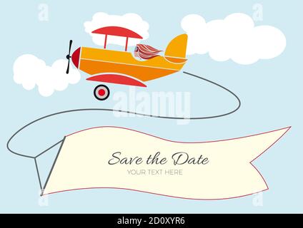 Flying Propel Plane Pulling a Blank Long Banner Strip for advertisement. Vector flat design, empty template for business,  promotion and marketing Stock Vector