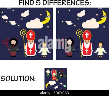 Child game - find 5 differences in pictures, with solution, Cute cartoon greeting card with Saint Nicholas, angel and devil character Stock Vector