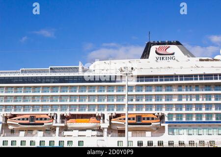 27 September 2020 Port side lifeboats on the MV Viking Sky cruise liner, berthed in the Tiitanic Quarter on Queens Island in Belfast Northern Ireland Stock Photo