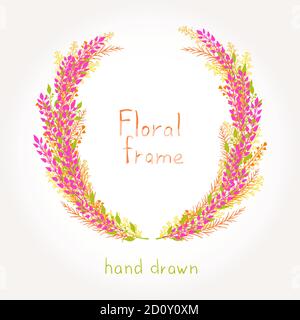Vector floral hand drawn round frame. In orange, red and green color. Stock Vector
