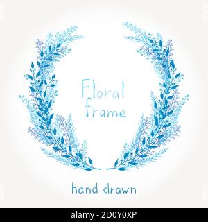 Vector floral hand drawn round frame. In blue color. Stock Vector