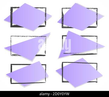Vector set of black grunge watercolor rectangular frames with geometric purple background. Stock Vector