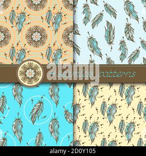 Vector  set of four seamless patterns color stylized hand drawn feathers. Collection in beige and turquoise colors. Stock Vector