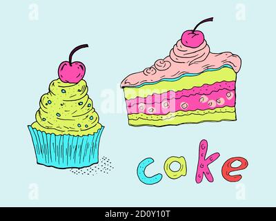 Hand-drawn illustration of a cake, cupcake and handwritten inscription “Cake”. Colored sketch. Stock Vector