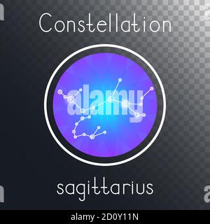 Vector round icon with Zodiac constellation SAGITTARIUS on a transparent background with inscription. Colored. Stock Vector