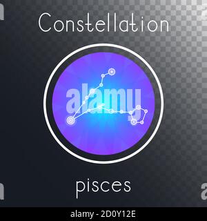 Vector round icon with Zodiac constellation PISCES on a transparent background with inscription. Colored. Stock Vector