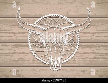 Vector illustration with a wild buffalo skull on a wooden background. White silhouette with round frame.  For t-shirts, posters and other your design. Stock Vector