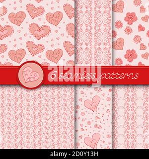 Vector set of six seamless hand drawn patterns for Valentine's Day. In pink color. Stock Vector