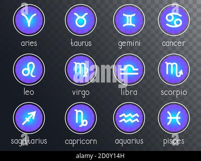 Vector set of zodiac signs round icons on a transparent background. Horoscope symbols collection: aries, taurus, gemini, cancer, leo, virgo, libra, sc Stock Vector