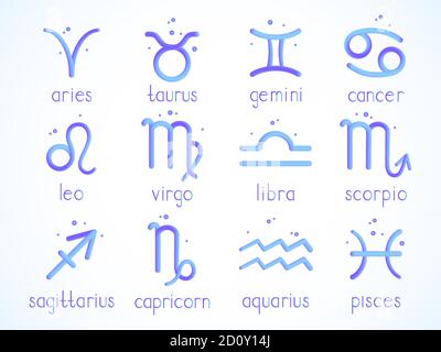 Vector set of zodiac signs with imitation 3d effect on white background. Horoscope symbols collection: aries, taurus, gemini, cancer, leo, virgo, libr Stock Vector