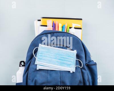 New school set including face mask, sanitizer Stock Photo