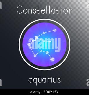 Vector round icon with Zodiac constellation AQUARIUS on a transparent background with inscription. Colored. Stock Vector