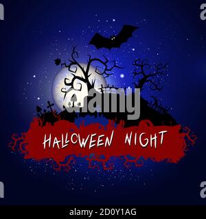 Vector Halloween illustration with sinister cemetery and inscription on starry sky nightly background with full moon. Blue background. Stock Vector