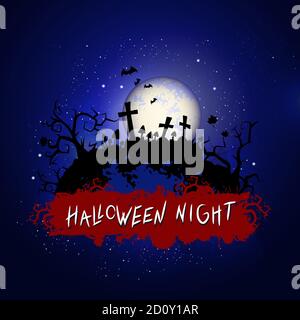 Vector Halloween illustration with sinister cemetery and inscription on starry sky nightly background with full moon. Blue background. Stock Vector