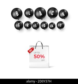 Black friday offer template. Season discount. Black balloons and shopping bag. Vector Stock Vector