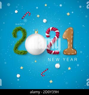 Happy New Year 2021. Candy and Christmas ball pine and gingerbread cookie. Template for holiday banner or greeting card. Creative festive lettering. V Stock Vector