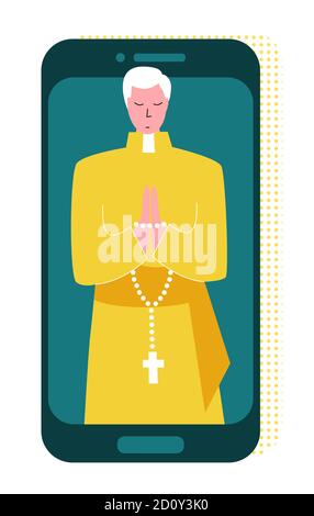 Vector flat illustration priest who prays over Bible online Stock Vector