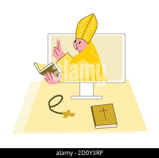 Vector flat illustration priest who prays over Bible online Stock Vector