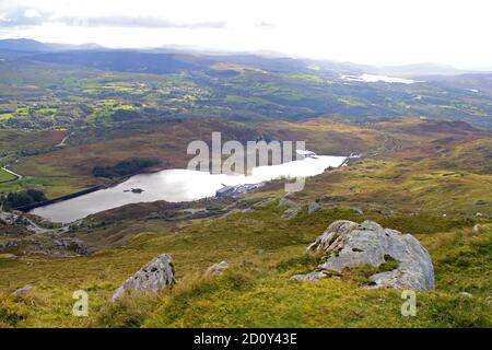Tanygrisiau reservoir and trawsfynydd from top of moel yr hydd Stock Photo
