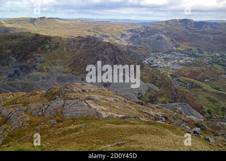 Views of cwmorthin slate quarry and tanygrisiau from moel yr hydd Stock Photo