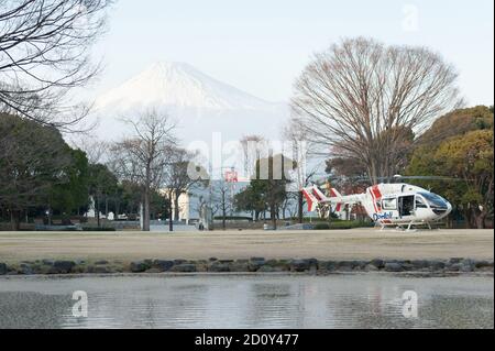 Fuji City, Shizuoka-Ken, Japan - March 9, 2013: Doctor Heli in public park, Japan. Mount Fuji background. Stock Photo