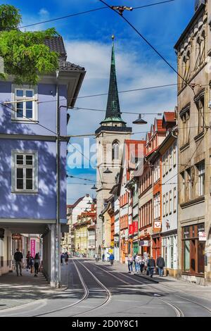 View from the Fischmarkt (fish market) over the Marktstrasse to the catholic All Saints Church, Erfurt, capital of Thuringia, Germany, Europe Stock Photo