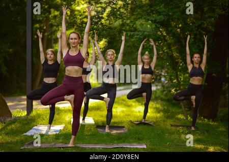 Women doing stretching exercise, group yoga Stock Photo