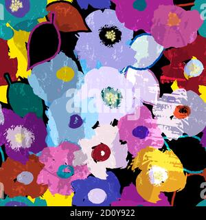 abstract background composition with flowers, leaves, strokes and splashes, on black, seamless Stock Vector