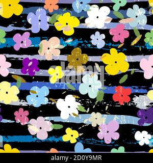 floral seamless pattern background, with little flowers, strokes and splashes, on black Stock Vector