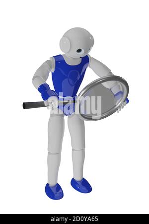 blue and white robot looks through a magnifying glass. 3d rendering on white isolated Stock Photo