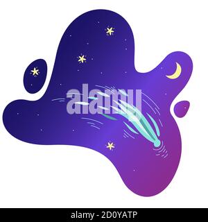 Comet flying in the purple violet sky with shiny stars and crescent moon. Vector illustration in cute cartoon style Stock Vector