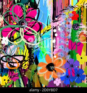 abstract background composition with flowers, with strokes, splashes and geometric lines Stock Vector