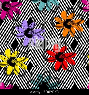 seamless geometric background pattern, with stripes, flowers, strokes and splashes, black and white Stock Vector