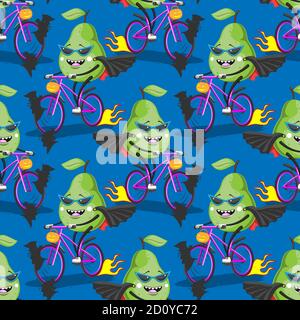 seamless cartoon green pear on bike rides on Halloween bats on blue background. Vector image Stock Vector