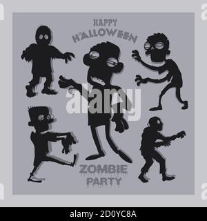 Set of cartoon zombie silhouettes. A collection of zombies for halloween. Stock Vector