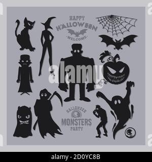 Set of mosters for Halloween. A collection of black silhouettes of mystical creatures. Vector illustration of monsters and witches. Stock Vector