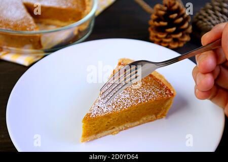 Hand Holding Fork on a Slice of Homemade Pumpkin Pie with Blurry Dry Pine Cones in Background Stock Photo
