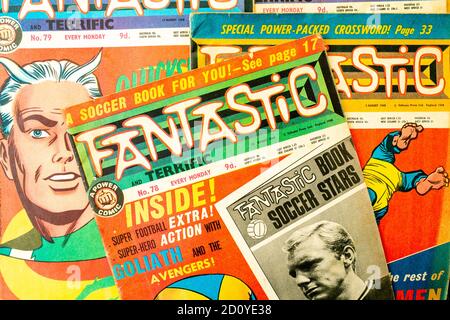 Close up of part of several front covers of the 1960's popular children's comic 'Fantastic and Terrific'. English version of the America Marvel comic. Stock Photo