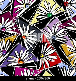 floral seamless background pattern, with triangles, paint strokes and splashes, on black Stock Vector
