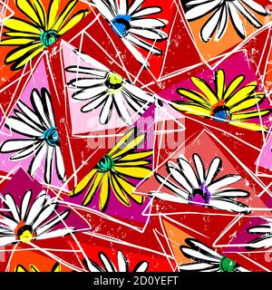 floral seamless background pattern, with triangles, paint strokes and splashes, on red Stock Vector