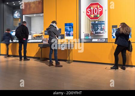 dh  SCIENCE MUSEUM LONDON People at self driveless car technology display inside england uk Stock Photo