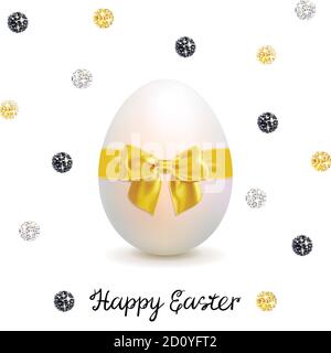 easter greeting card with easter egg decorated golden bow on a white background Stock Vector